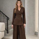 Women's Elegant Wrap Front Button Accent Blazer Top and Wide Leg Pants Two-Piece Set