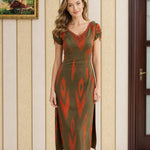 Beaded V-Neck Ikat Print Midi Dress with Ruched Sleeves