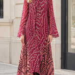 Elegant Tie-Neck Handkerchief Hem Maxi Dress with Long Sleeves