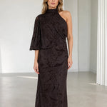 One-Shoulder High Neck Embellished Maxi Dress with Draped Flutter Sleeve