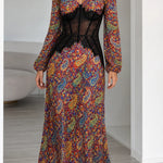 Paisley Print Lace Corset Waist Maxi Dress with Long Sleeves