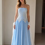 Strapless Beaded Corset Evening Gown with Scalloped Fringe & Chiffon Skirt
