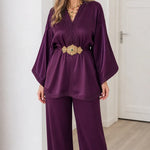 Women's Embroidered Satin Kaftan Top and Wide-Leg Pants Two-Piece Set
