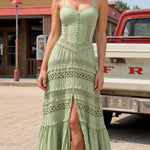 Boho Corset Bodice Tiered Maxi Dress with Lace Insets and Front Slit