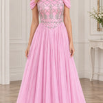 Off-the-Shoulder Beaded Bodice Tulle Formal Evening Gown