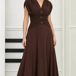 Elegant Ruched Waist V-Neck Midi Dress with Embellished Accents