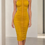 High Neck Metallic Collar Ruched Sleeveless Midi Dress