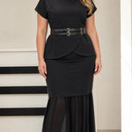 Elegant Belted Peplum Top and Chiffon Hem Mermaid Skirt Set