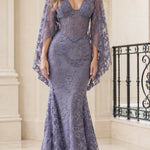 Floral Lace Cape Sleeve Mermaid Evening Gown with Corset Bodice