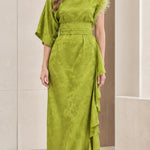 Floral Jacquard Asymmetrical Maxi Dress with Embellished Neckline