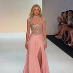 Embellished Keyhole High-Neck Chiffon Evening Gown with Slit