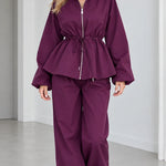 Women's Drawstring Peplum Zip Jacket and Wide-Leg Pants Two-Piece Set