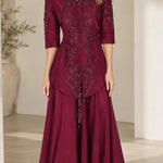 Embroidered 3/4 Sleeve A-Line Maxi Evening Gown with Mandarin Collar