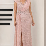 Draped V-Neck Sequin Lace Evening Gown with Front Slit and Corset Back
