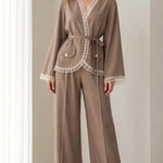 Lace Trim Wrap Blazer and Wide-Leg Pants Two-Piece Suit Set