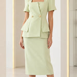Square Neck Peplum Top and Midi Pencil Skirt Two-Piece Set