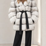 Women's Hooded Belted Faux Fur Coat with Tiered Plush Panels