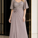 Elegant Sequin V-Neck Flare Sleeve Formal Evening Gown