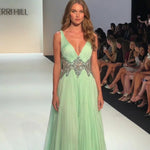 Pleated V-Neck Embellished Floor-Length Evening Gown