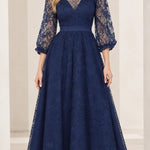 Elegant Floral Lace V-Neck A-Line Maxi Dress with 3/4 Sleeves