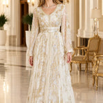 Metallic Floral Embroidered Long Sleeve Kaftan Maxi Dress with Belt