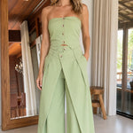 Strapless Button-Front Top and Pleated Wide-Leg Pants Two-Piece Set