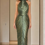High Neck Pleated Shimmer Backless Maxi Evening Dress