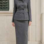 Double-Breasted Tweed Blazer and Column Maxi Skirt Two-Piece Suit Set