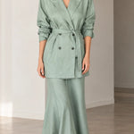 Women's Double-Breasted Belted Blazer and Flared Maxi Skirt 2-Piece Suit Set