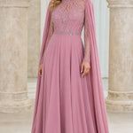 Elegant Beaded High-Neck Chiffon Evening Gown with Cape Sleeves