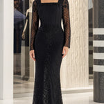 Square Neck Corset Bodice Beaded Mermaid Evening Gown with Long Sleeves