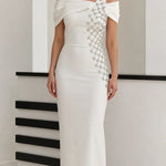 Asymmetrical Off-Shoulder Rhinestone Embellished Column Maxi Gown