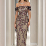 Off-the-Shoulder Floral Embroidered Beaded Maxi Evening Gown