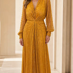 Elegant V-Neck Beaded Long Sleeve Evening Maxi Dress