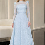 Elegant Mock Neck Long Sleeve Lace A-Line Formal Evening Gown