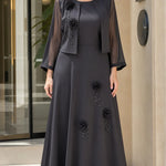 Elegant 2-Piece Floral Appliqué Maxi Dress Set with Sheer Bolero Jacket