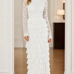 Elegant Lace Mock Neck Tiered Ruffle Maxi Dress