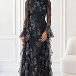 Floral Print Long Sleeve Chiffon Maxi Dress with Cascading Side Ruffles