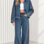 Women's Side Stripe Denim Jacket and Wide Leg Pants Two-Piece Set