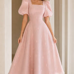 Square Neck Puff Sleeve Embroidered A-Line Midi Dress