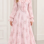 Floral Print Ruffled High-Neck Maxi Dress with Long Sleeves and Pearl Trim