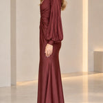Deep V-Neck Pleated Long Sleeve Twist Front Evening Gown with Slit