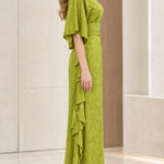 Floral Jacquard Asymmetrical Maxi Dress with Embellished Neckline