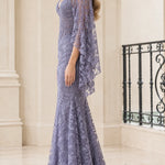 Floral Lace Cape Sleeve Mermaid Evening Gown with Corset Bodice