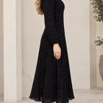 Women's Micro Dot Print Long Sleeve Midi Dress Elegant A-Line Pleated Hem Dress
