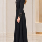 Velvet Trim Beaded Bodice Long Sleeve Maxi Dress