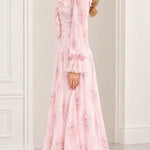 Floral Print Ruffled High-Neck Maxi Dress with Long Sleeves and Pearl Trim