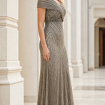 Elegant V-Neck Beaded Evening Gown Formal Maxi Dress