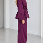 Women's Drawstring Peplum Zip Jacket and Wide-Leg Pants Two-Piece Set