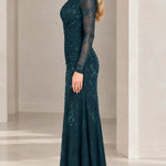 Long Sleeve Mock Neck Ruched Floral Lace Evening Gown